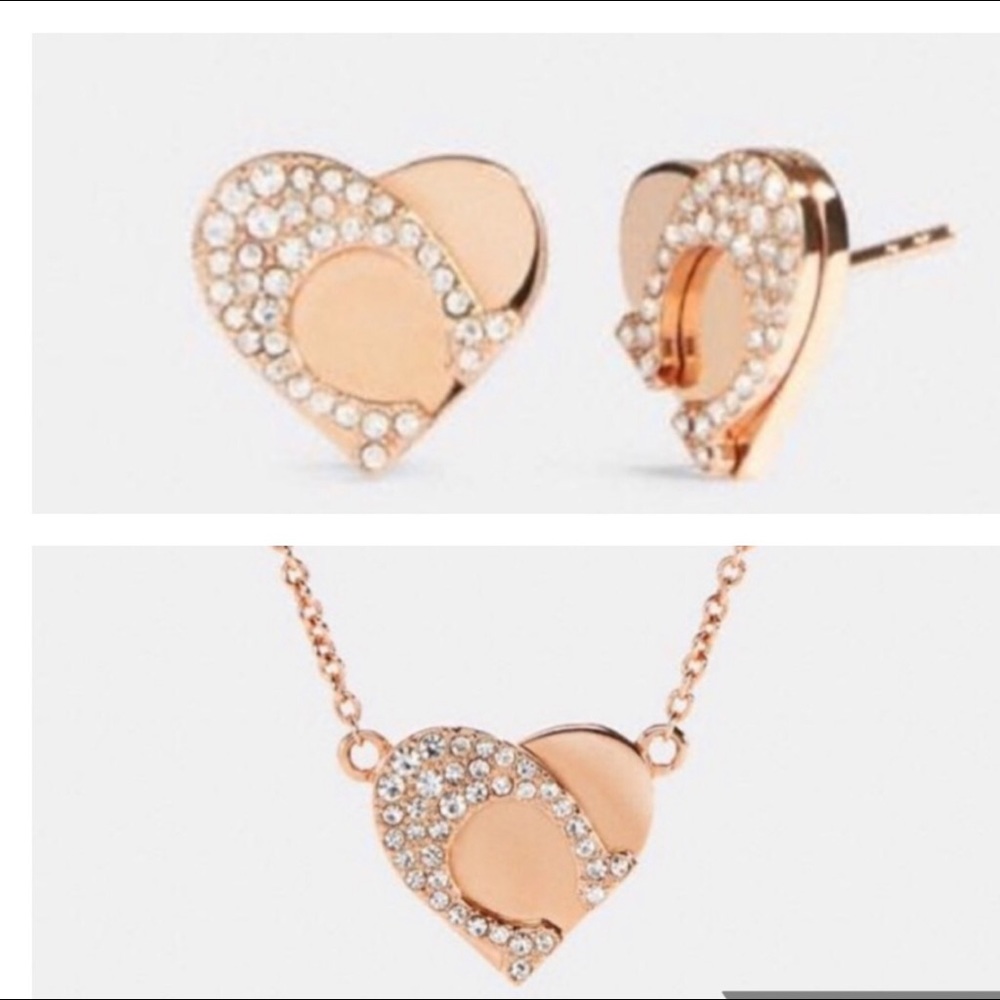 COACH SIGNATURE SET EARRINGS AND NECKLACE 🆕 ROSE GOLD COLOR